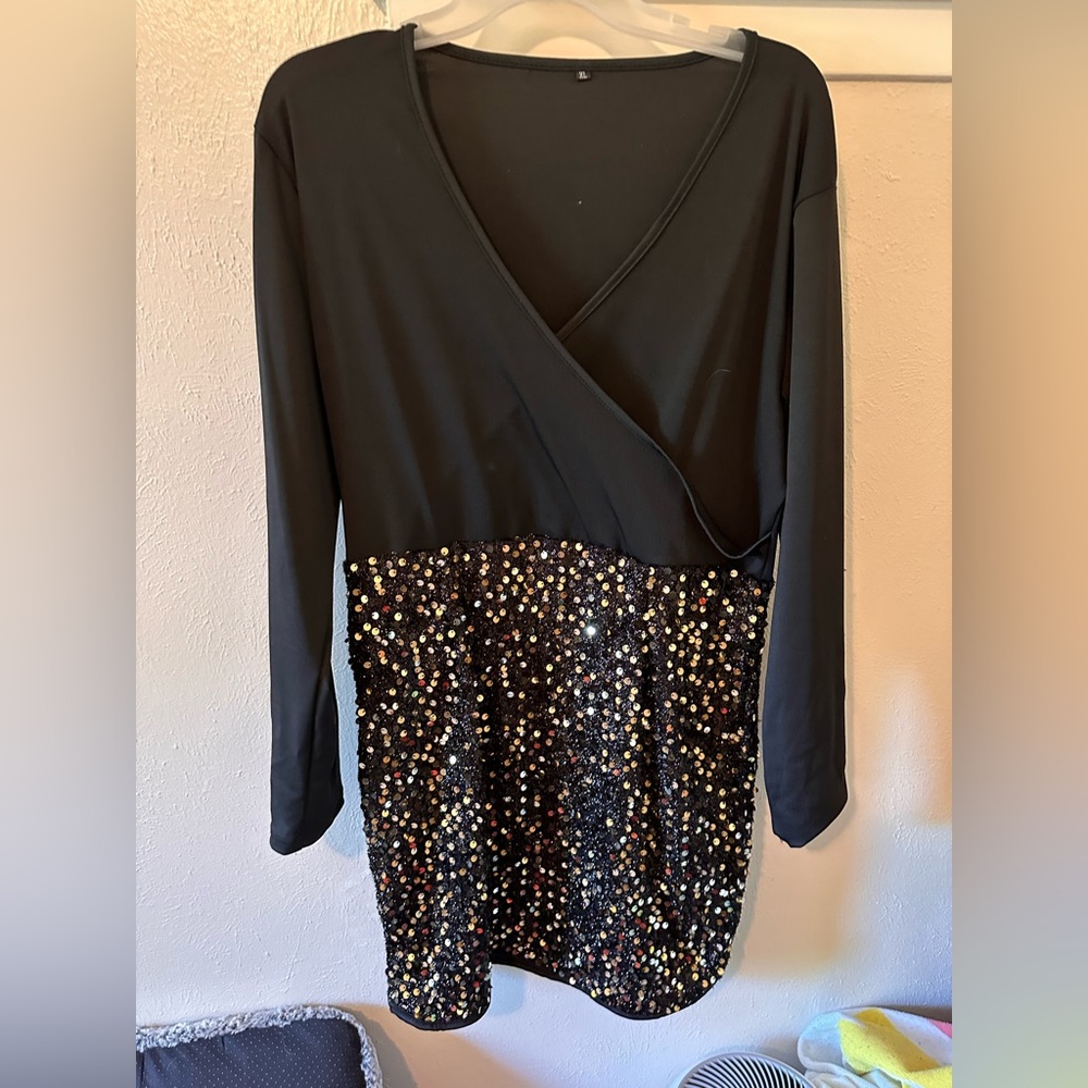 Black and sequin dress fancy dress holiday dress with sleeves